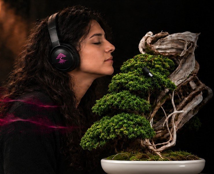 Erick Francesconi escuchando un bonsái con audífonos