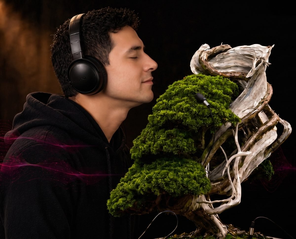 Erick Francesconi escuchando un bonsái con audífonos